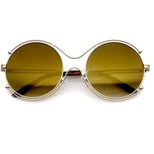 new ☻ Oversize Round Mirror Sunglasses Sunnies ☻ Wire Rim ☻ Gold + Gold Lenses